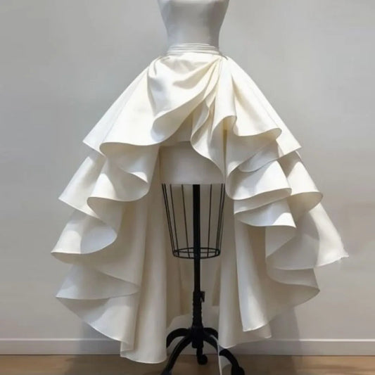 High Low Satin Skirt - Ruffled A-Line White