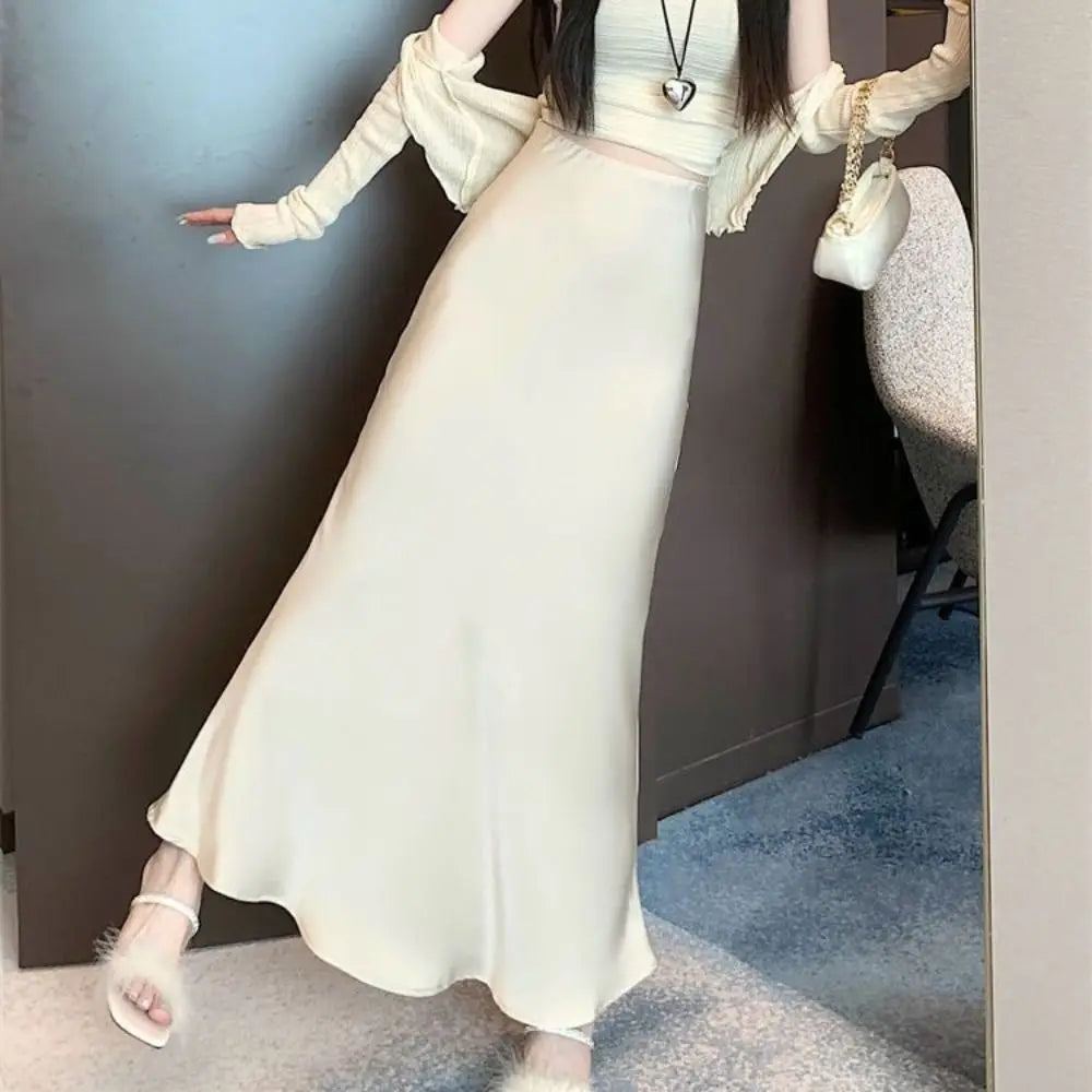 Satin Long Skirt - High Waist Draped Black