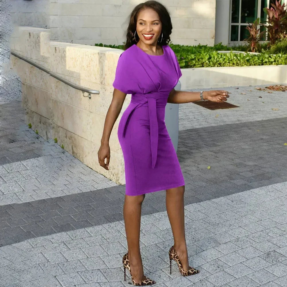 Pencil Midi Dress - Short Sleeve Belt Party