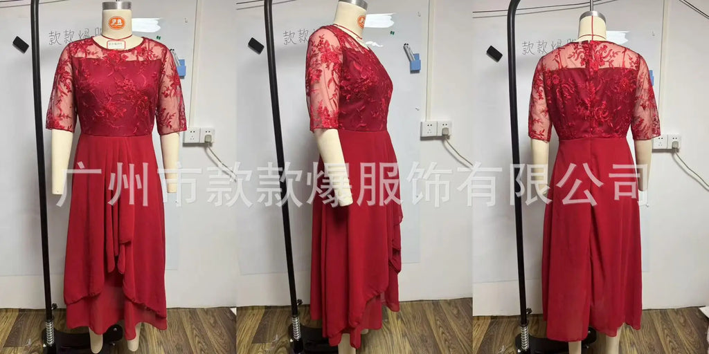 Vestido Midi Elegante Mujer Asimétrico Encaje Chifón Banquete