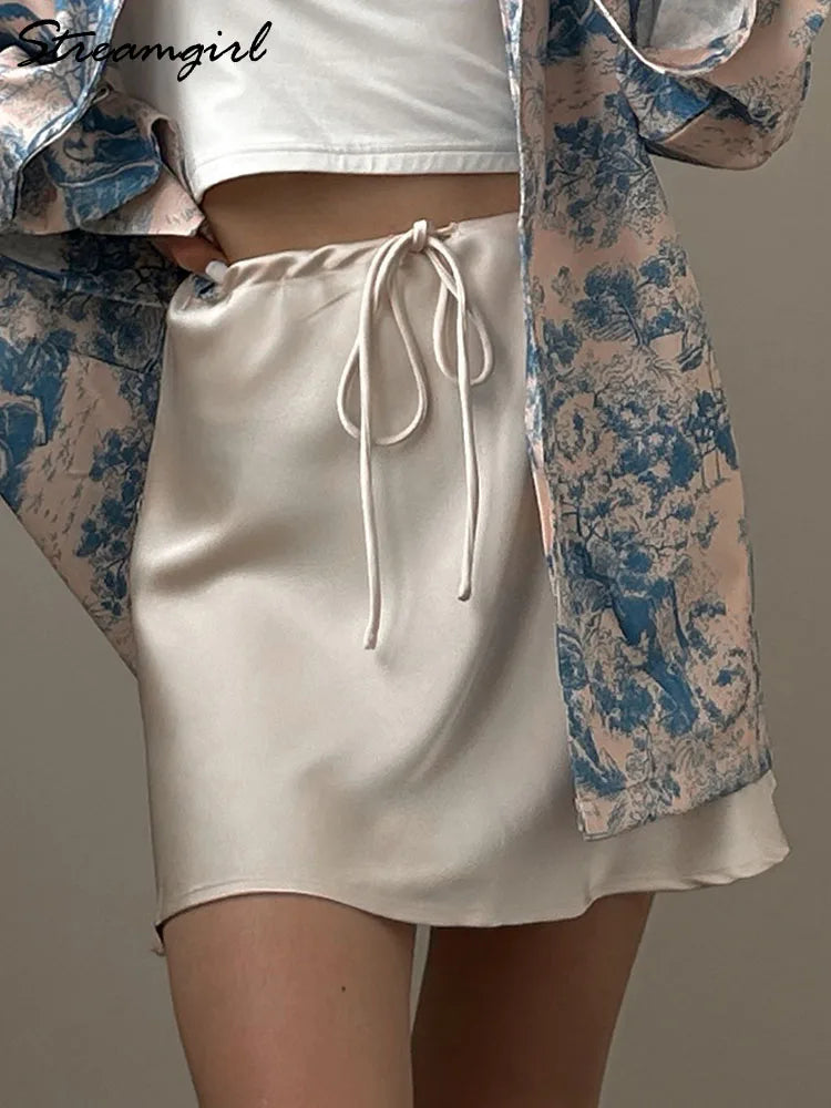 Satin Mini Skirt - Drawstring High Waist A-Line