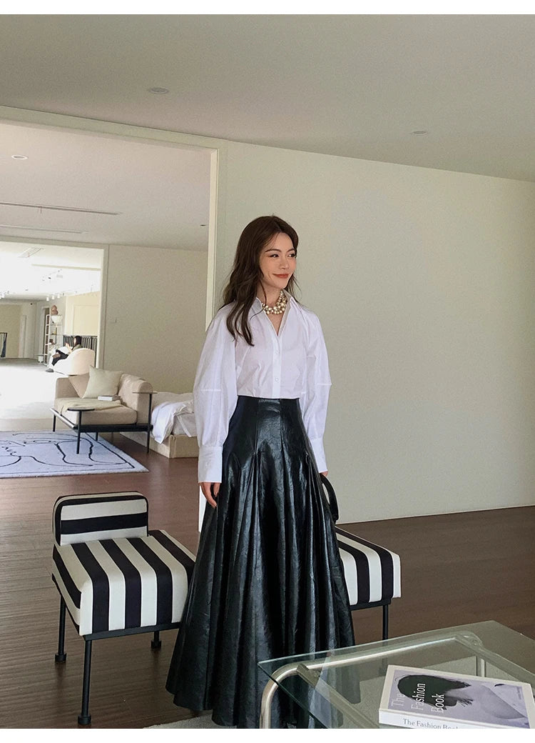 PU Leather Maxi Skirt - High Waist Pleated Black
