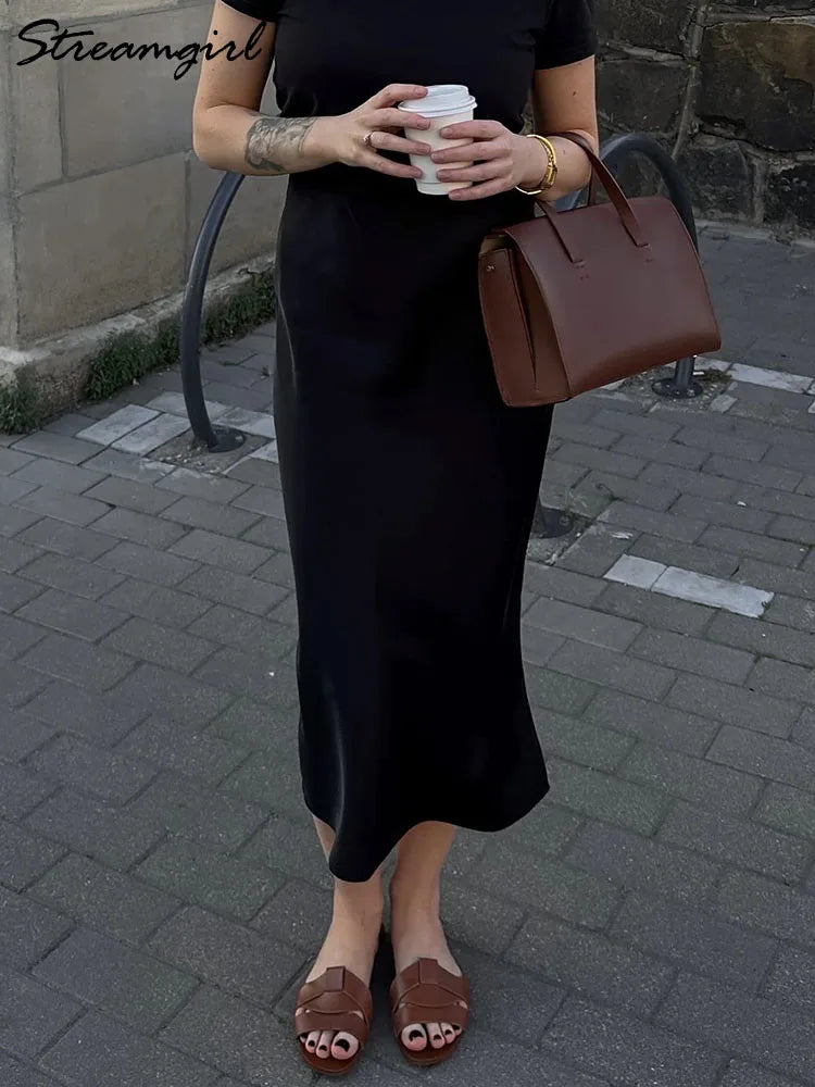 Satin Midi Skirt - A-Line Side Slit