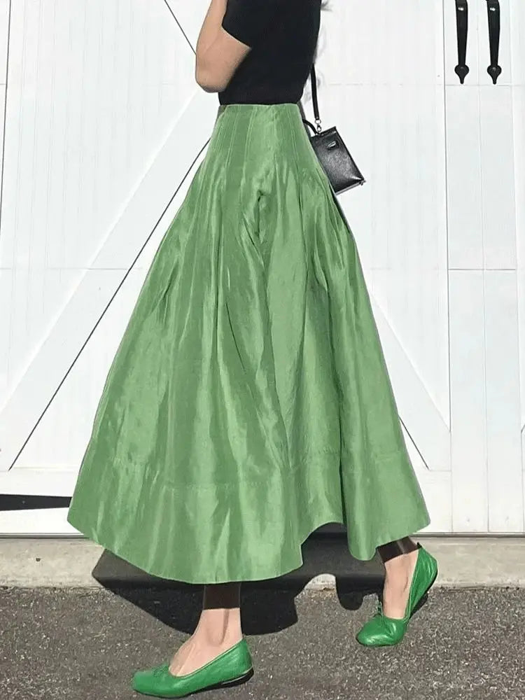 Pleated Long Skirt - High Waist Umbrella Green