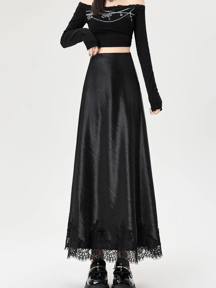 Satin Maxi Skirt - High Waist Side Slit Black