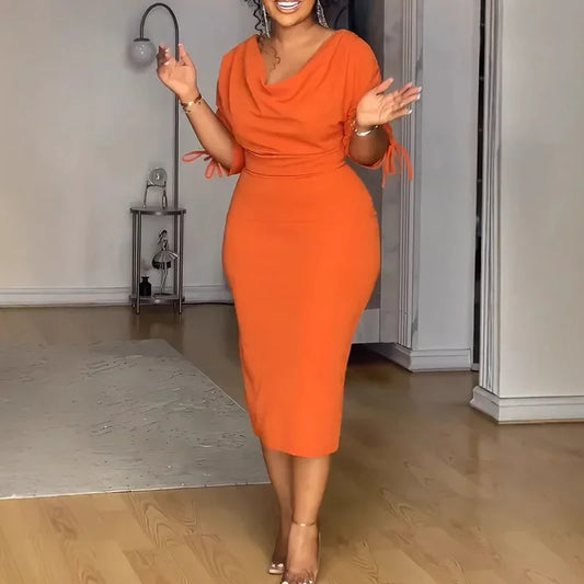 Pencil Midi Dress - Vintage Office Drawstring Ruched