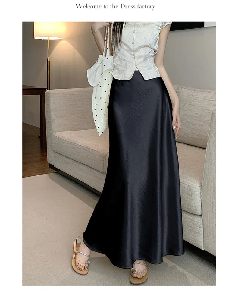 Pink Satin Midi Skirt - High Waist Fishtail Wrap