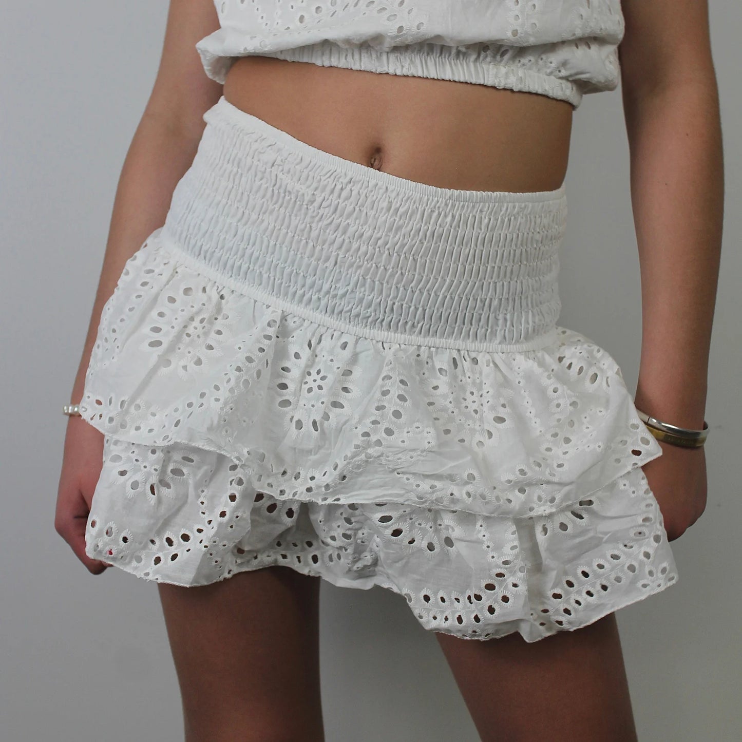 Shirred Mini Skirt - Layered Ruffle High Waist