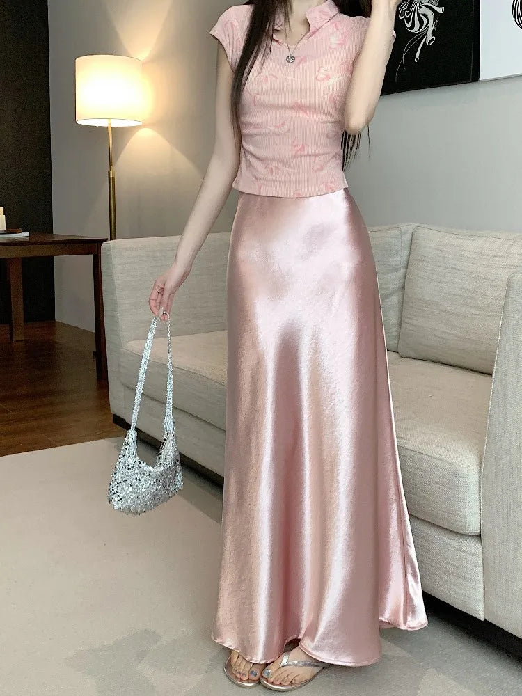 Pink Satin Midi Skirt - High Waist Fishtail Wrap