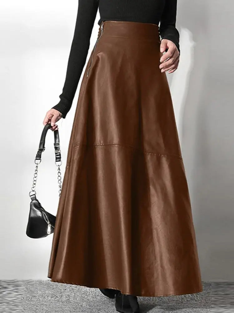 PU Leather Maxi Skirt - High Waist Zipper Style B