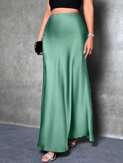 Satin Maxi Skirt - High Waist A-Line Champagne