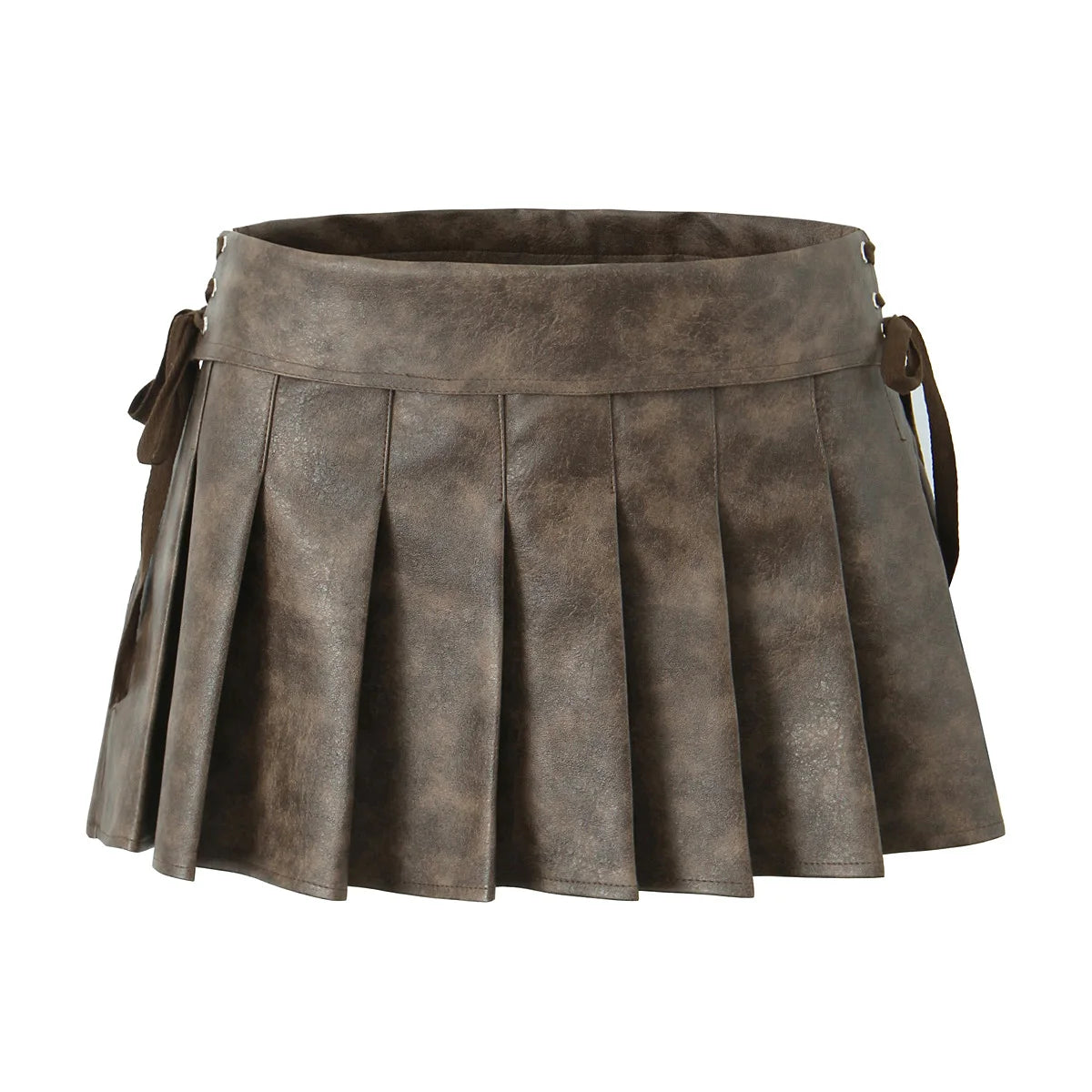 Y2K PU Leather Pleated Mini Skirt With Shorts lining Sexy Metal eyelets Cross Bandage Low Waist Short Skater Coffee Black