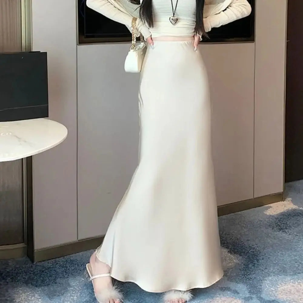 Satin Long Skirt - High Waist Draped Black