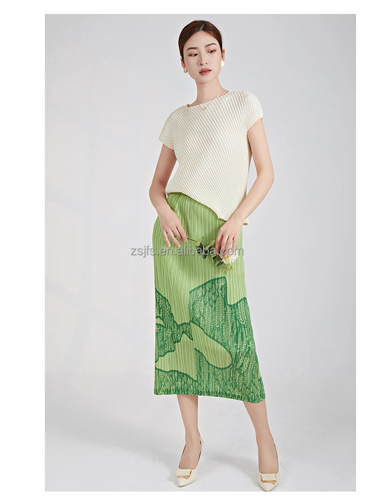 Pleated Pencil Midi Skirt - High Waist Print