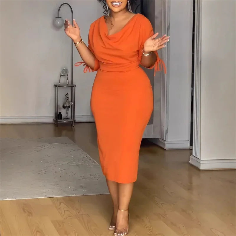 Pencil Midi Dress - Vintage Office Drawstring Ruched