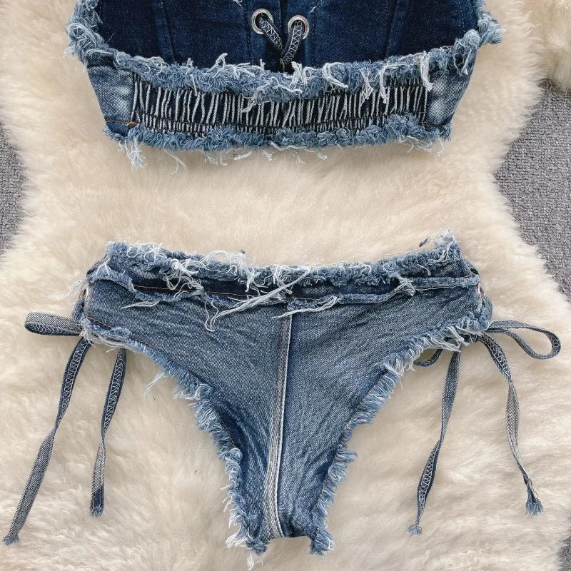OIINAA Bathing Suit Women Sexy Denim Suits Bikini Set Lace Up Drawstring Beachwear 2025 Solid Summer Vintage Two-pieces Swimwear