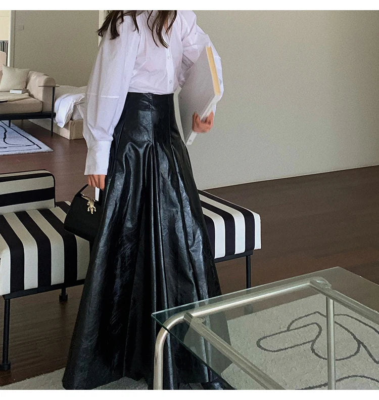 PU Leather Maxi Skirt - High Waist Pleated Black