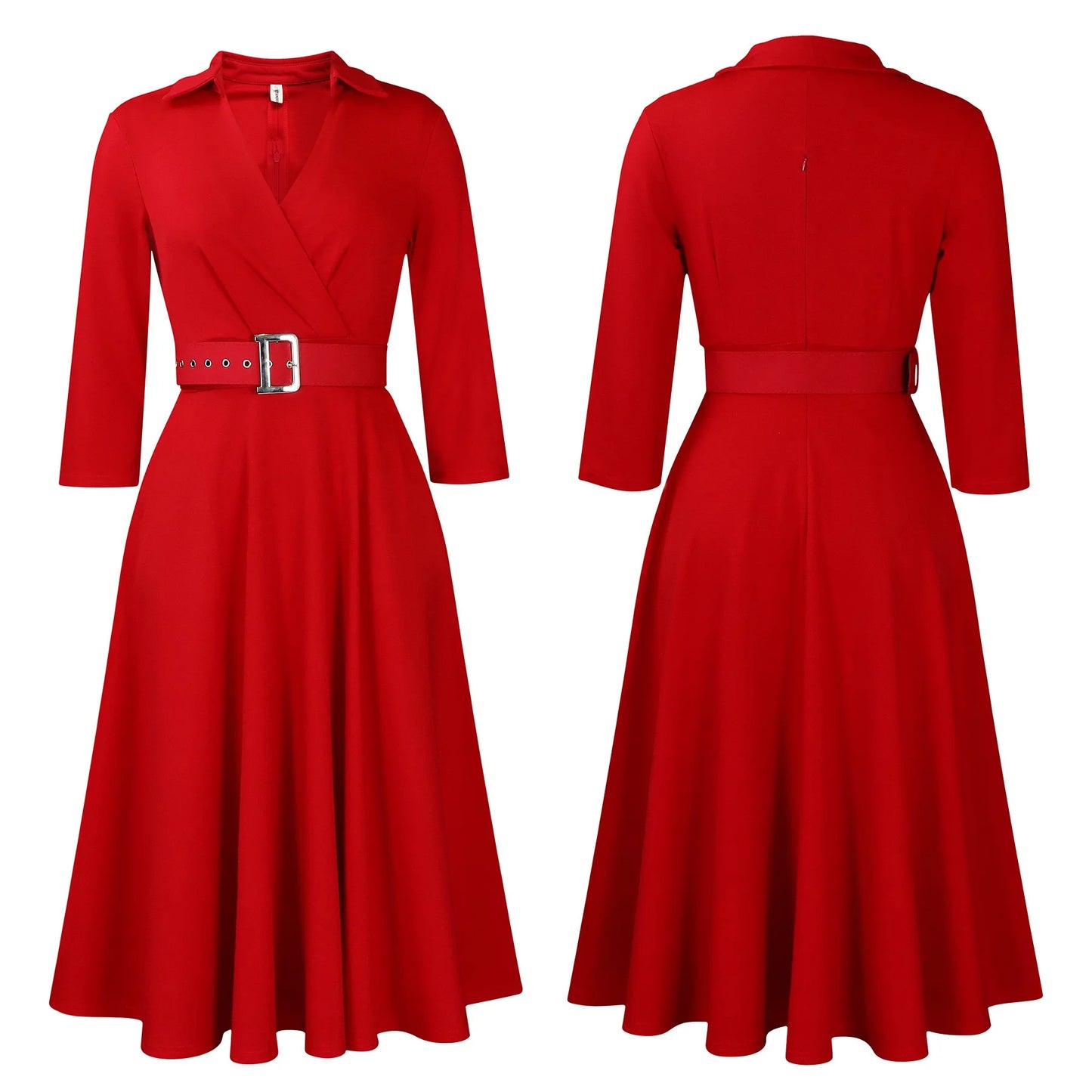 Office Dress - Turn Down Collar Belt Pleated African