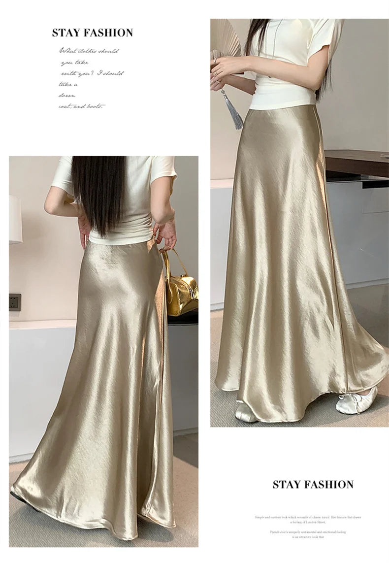 Pink Satin Midi Skirt - High Waist Fishtail Wrap