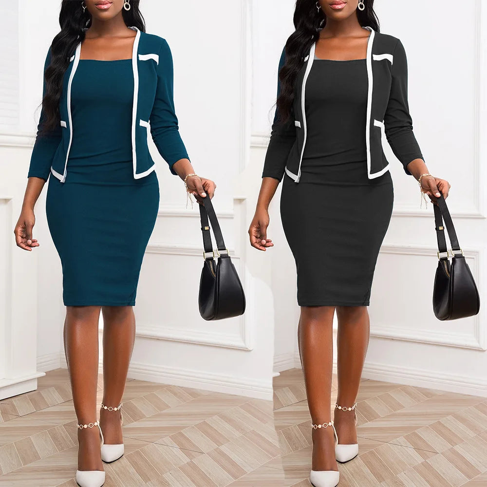 Pencil Dress - Square Collar Three Quarter Sleeve