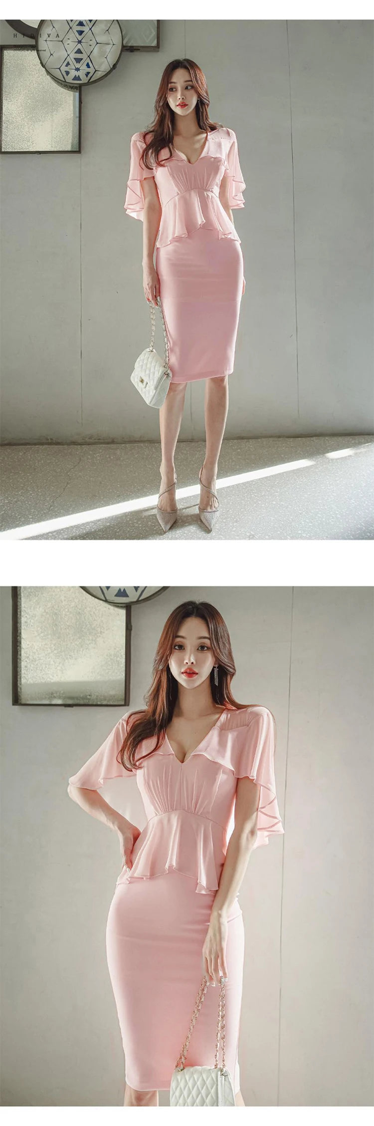 Pink Pencil Dress - Cloak V-Neck Midi Party