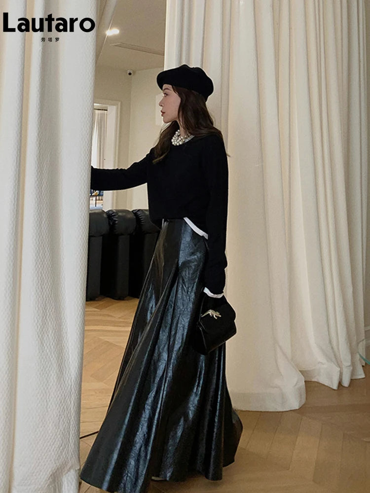 PU Leather Maxi Skirt - High Waist Pleated Black