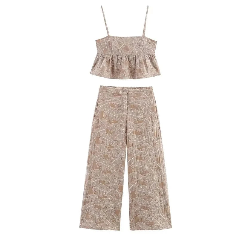 Conjunto Mujer Casual Top Bordado Pierna Ancha Holgado