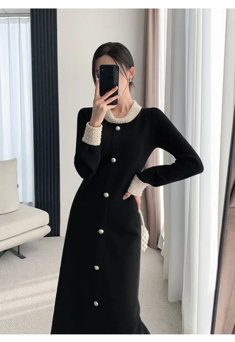 Vestido Elegante Línea A Manga Larga Cuello Redondo Botones Negro