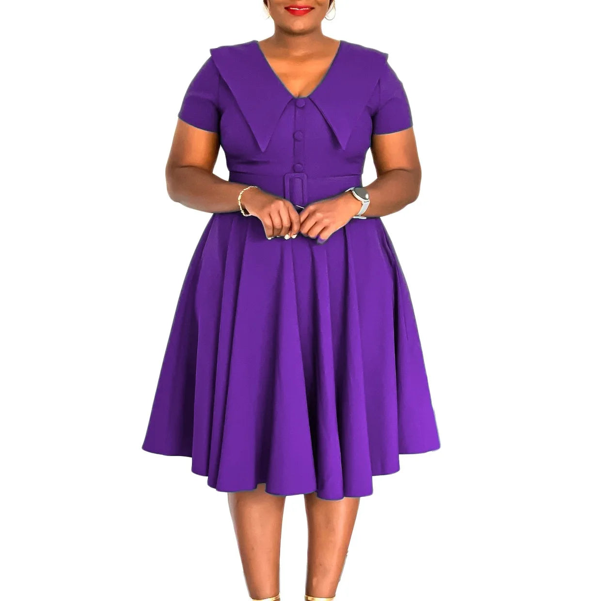 Office Dress - Turn Down Collar Pleated Midi