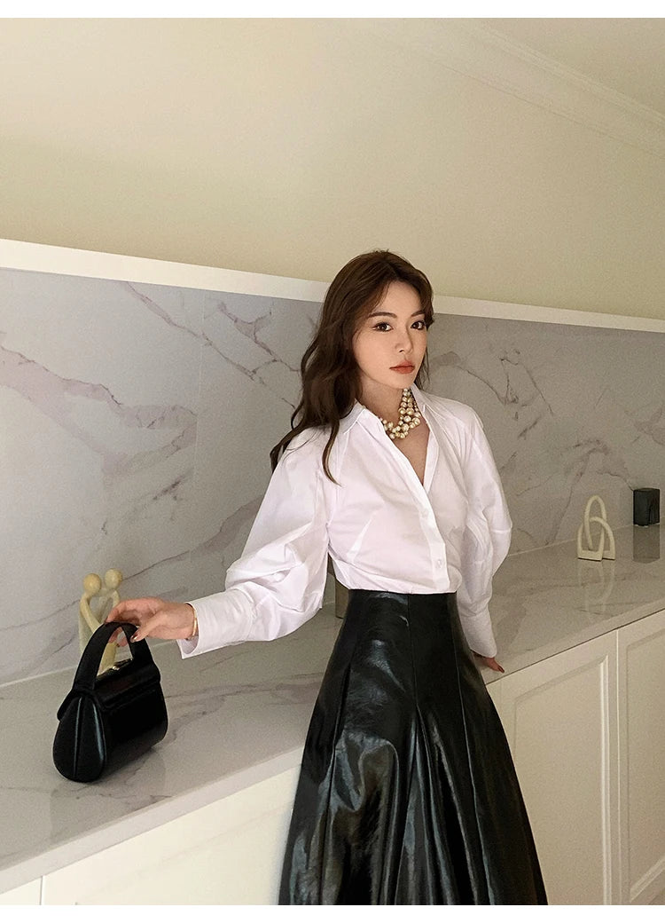 PU Leather Maxi Skirt - High Waist Pleated Black