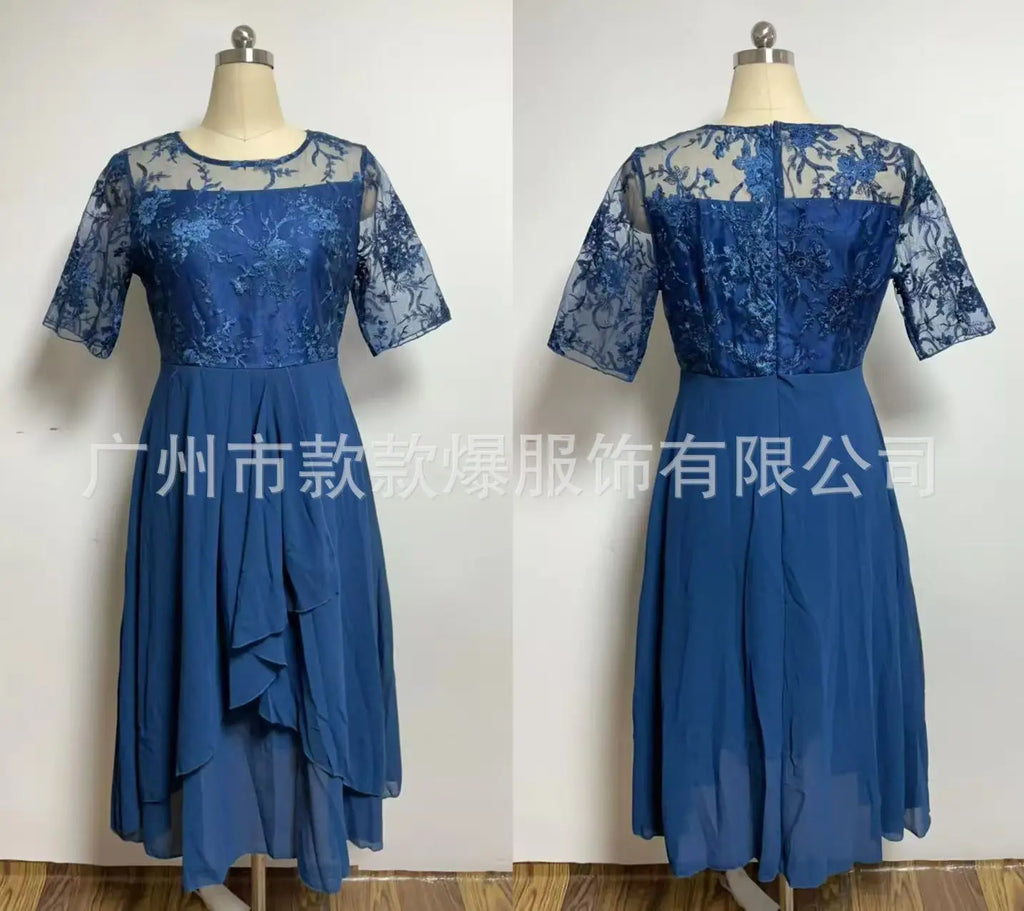 Vestido Midi Elegante Mujer Asimétrico Encaje Chifón Banquete