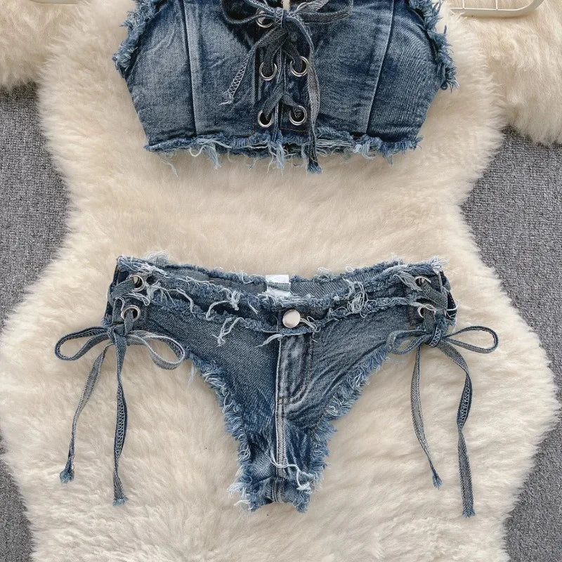 OIINAA Bathing Suit Women Sexy Denim Suits Bikini Set Lace Up Drawstring Beachwear 2025 Solid Summer Vintage Two-pieces Swimwear