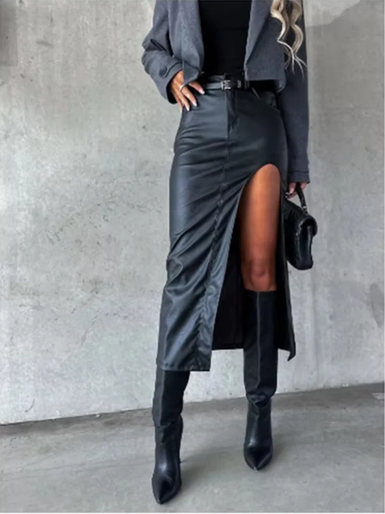 PU Leather Midi Skirt - Slit Hip Hugging Punk