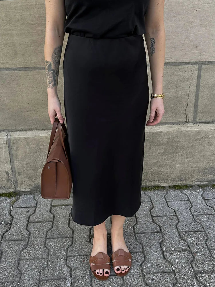Satin Midi Skirt - A-Line Side Slit
