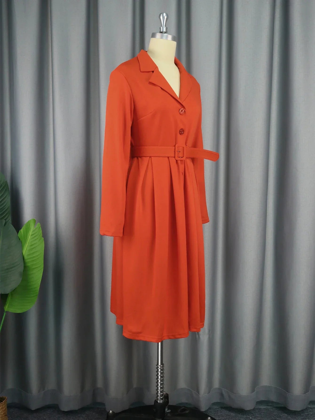 Office Dress - Button Down Lapel Belt A-Line Midi