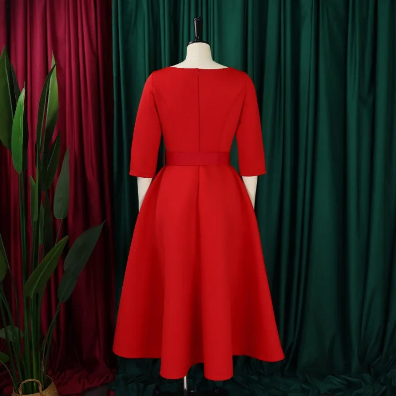Party Dress - A-Line Belt Three Quarter Sleeve