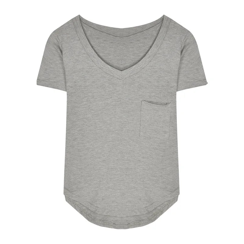 V-Neck T-Shirt - Irregular Hem Short Sleeve