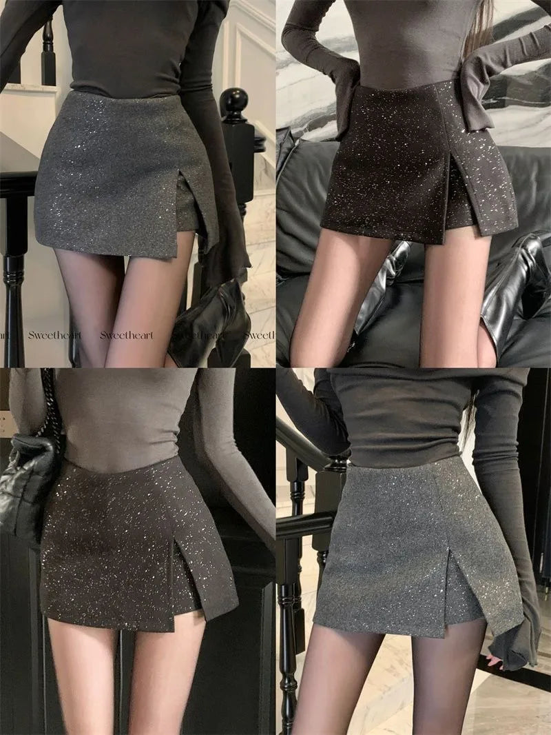 Women's Split-ended High-waisted Skirt Korean Fashion Irregular Diamond-encrusted Woolen Skirt 2025 New Hip-wrapped Skirt