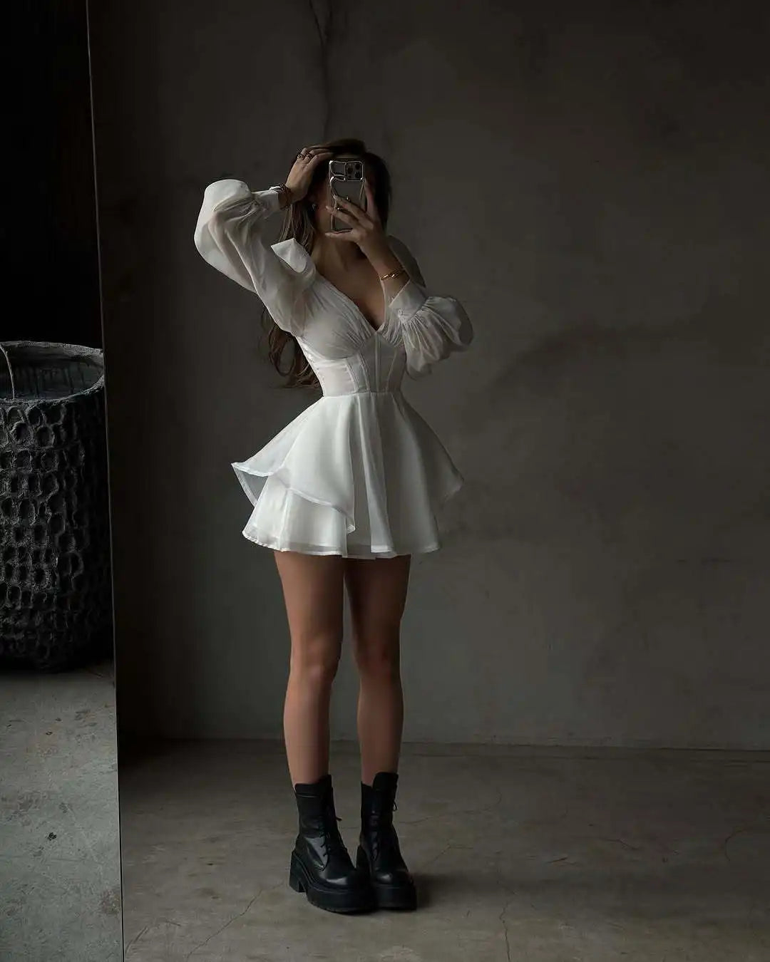 Vestido Mini Blanco - Manga Farol Cuello V Sexy