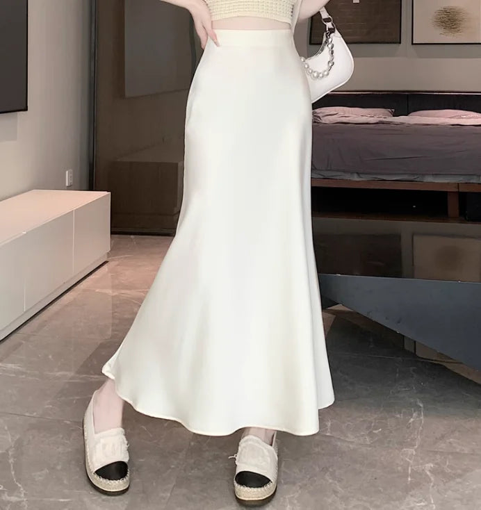 Satin Midi Skirt - High Waist Silk Champagne