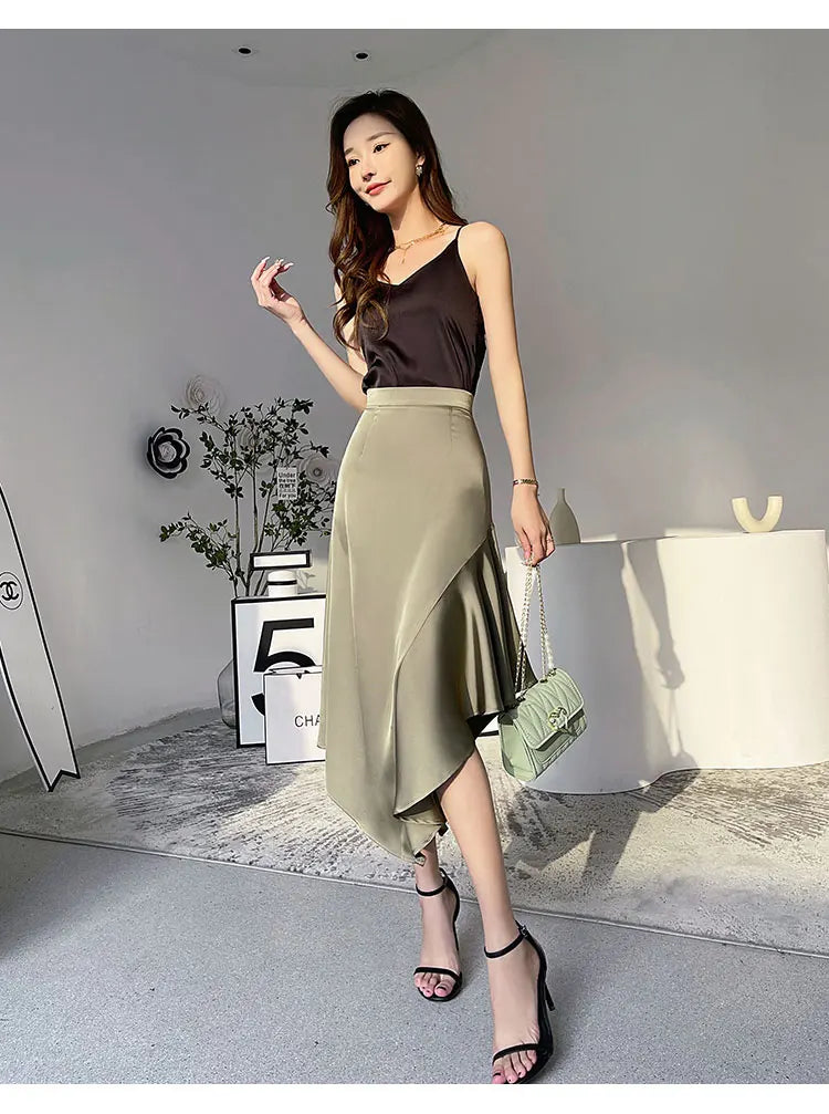 Satin Mermaid Long Skirt - High Waist Irregular
