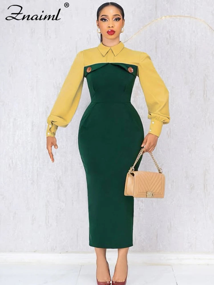 Pencil Midi Dress - Green Patchwork Button Office