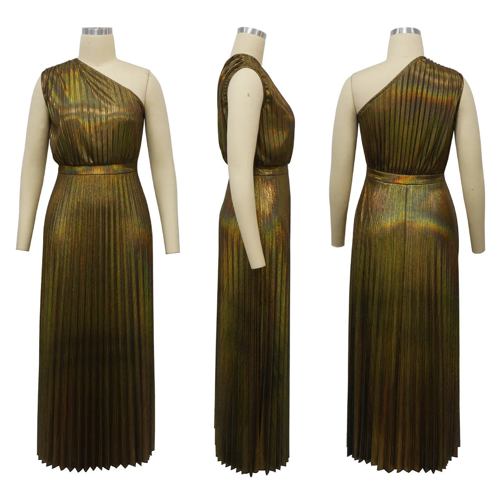 Vestido Largo Plisado Metálico Un Hombro Sin Mangas Brillante