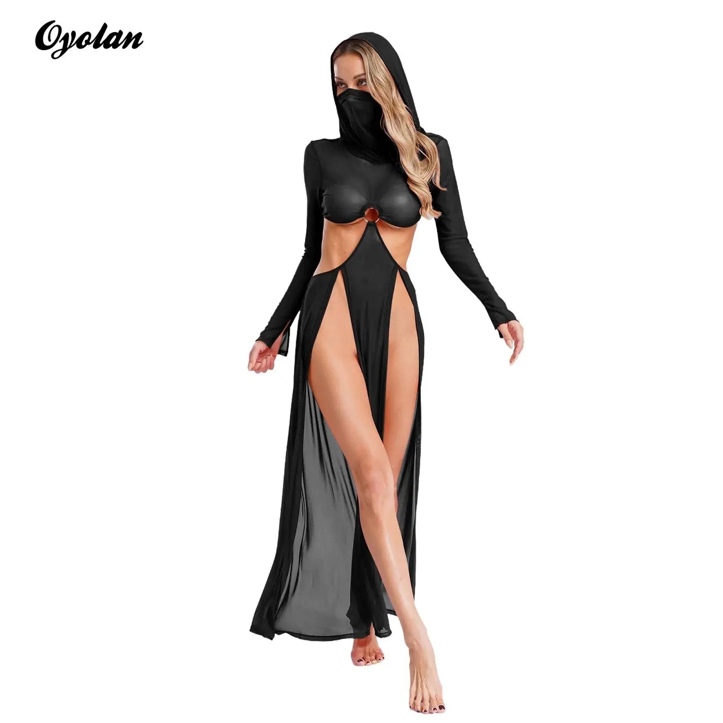 Sheer Maxi Dress - Hooded Face Mask High Slit