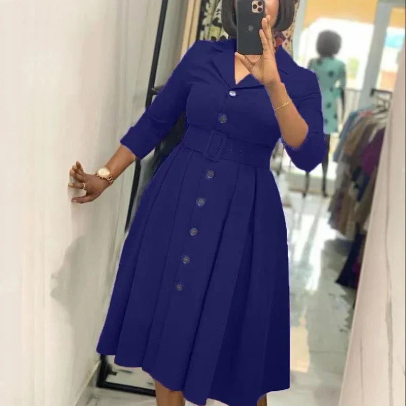 Office Dress - Button Down Lapel Belt A-Line Midi