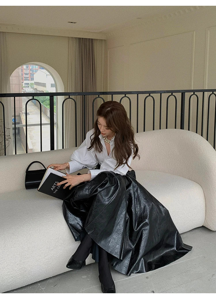 PU Leather Maxi Skirt - High Waist Pleated Black