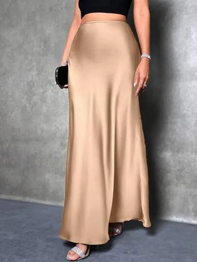 Satin Maxi Skirt - High Waist A-Line Champagne
