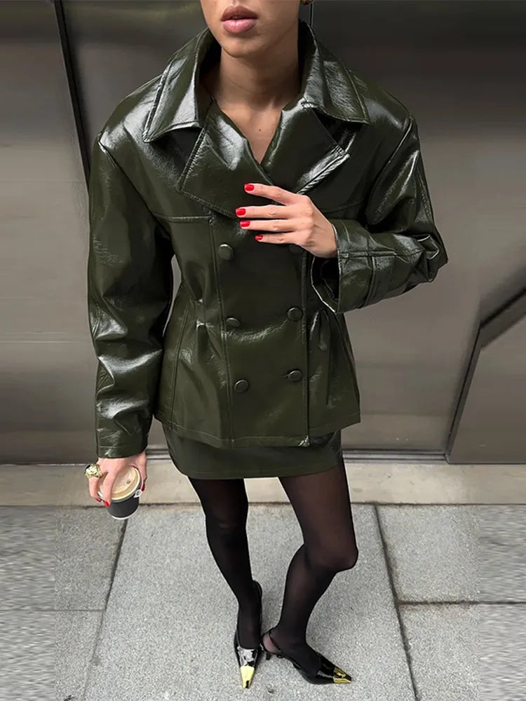 Two Piece Set - Leather Jacket & Mini Skirt