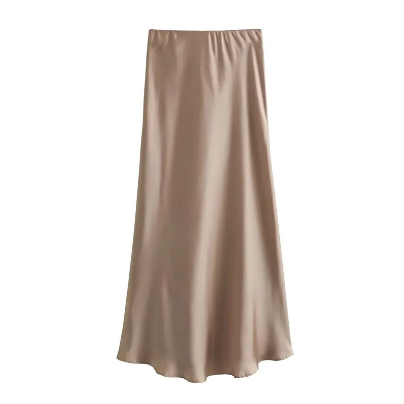 Falda Midi Satén Mujer Cintura Alta Elegante Oficina