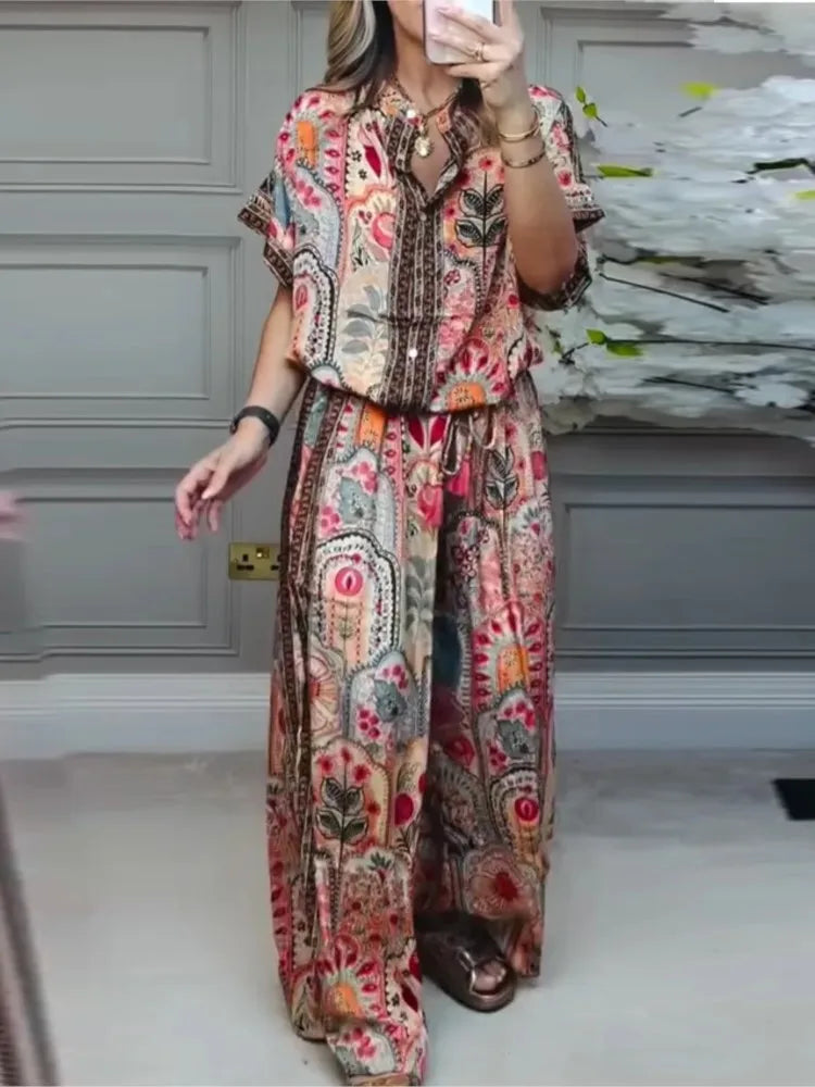 Conjunto Casual Mujer Top Estampado Pierna Ancha Suelto